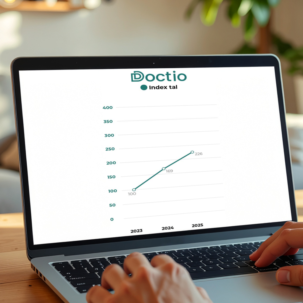 A person is using a laptop displaying Doctio graph, showing the index tal progress in Dansk Mediaforsyning.