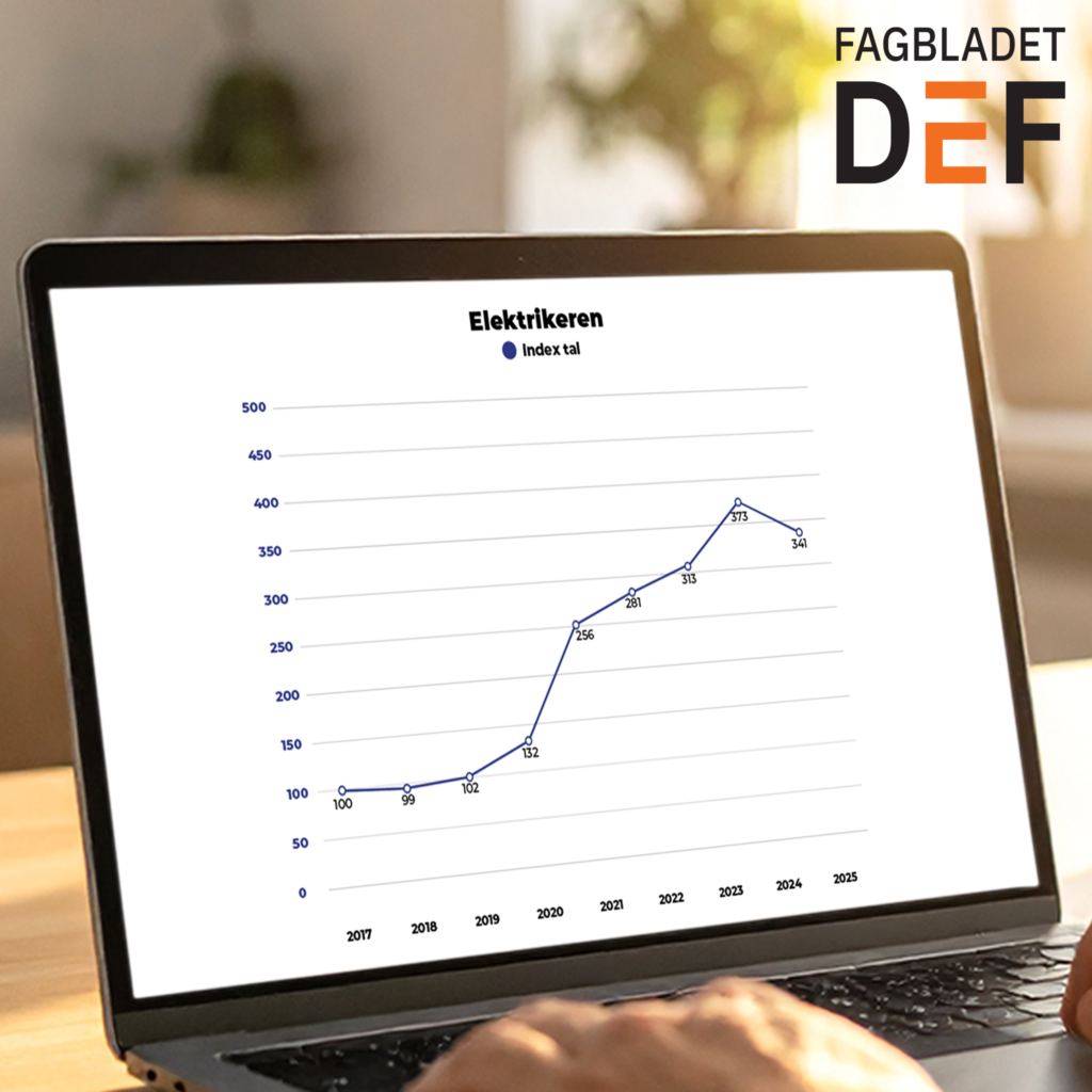 A person is using a laptop displaying Fagbladet DEF graph, showing the index tal progress in Dansk Mediaforsyning.
